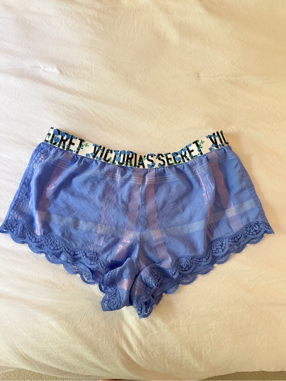 Victoria's Secret Periwinkle Lace-Trim Sleep Shorts with Logo Waistband